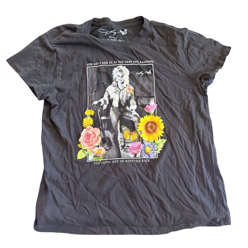 Vintage Dolly Parton Women T-Shirt Medium Charcoal Gray Country Music Floral Tee